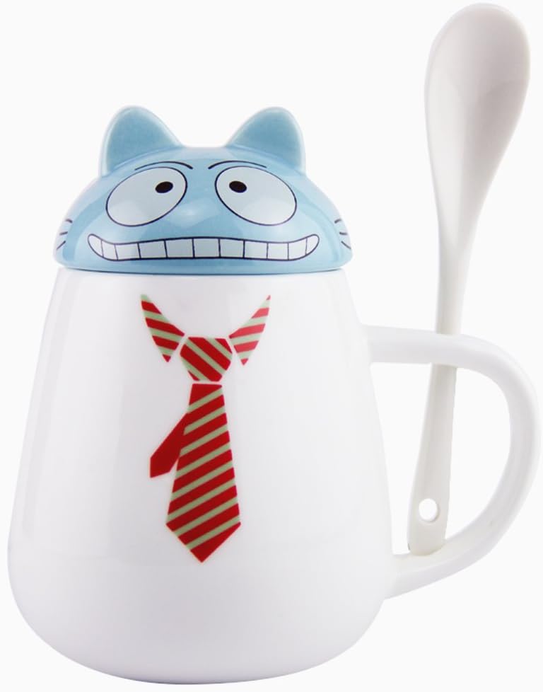 Pretty Housekeeper Creative cat ceramic cup with spoon funny coffee mug with lid Cute Bone China Mug cups set with handle,Cartoon face,11 Oz,Blueface and RedTie