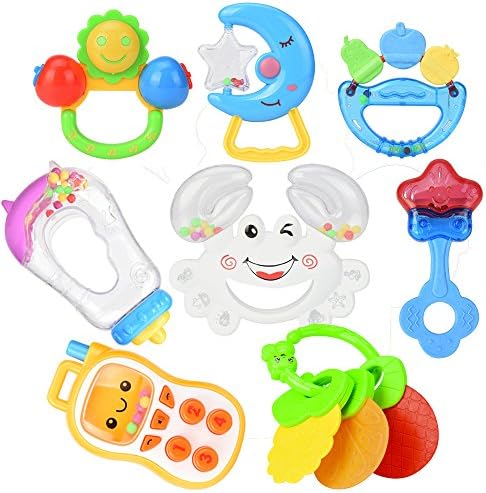 Baby Rattles Teethers Set, Godr 8pcs Rattle &amp; Teether Ring Hand Bell Toys for Newborn Baby,Infant Toddler Nursery Gift Play Set(Random Candy Color)