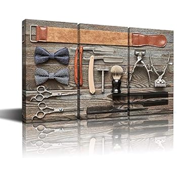 sechars - Modern Canvas Painting Wall Art Vintage Classic Barber Shop Tools on Old Wooden Background Picture Prints Artwork Great Gift for Barbers or Barber Shops Framed -16