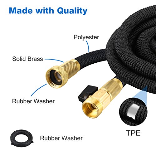 URCERI 50ft Expandable Garden Hose with 3/4 Solid Brass Fittings 8 Function Spray Nozzle Shut Off Valve Carrying Bag