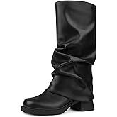 Cociy Fold Over Boots for Women Slouchy Booties Wide Calf Pleated Platform Boots Square Toe Chunky Stacked Motorcycle Riding Boots Low Heel Pull On Mid Calf Boots