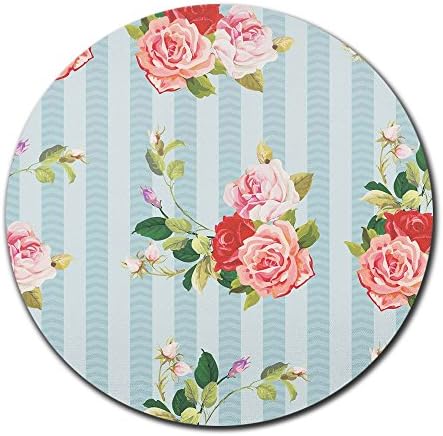 Pink Rose Flowers Light Blue Turquoise Stripe Mouse Pad