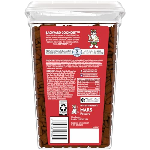 TEMPTATIONS MIXUPS BACKYARD COOKOUT FLAVOR CRUNCHY AND SOFT CAT TREATS, 30 OZ. TUB