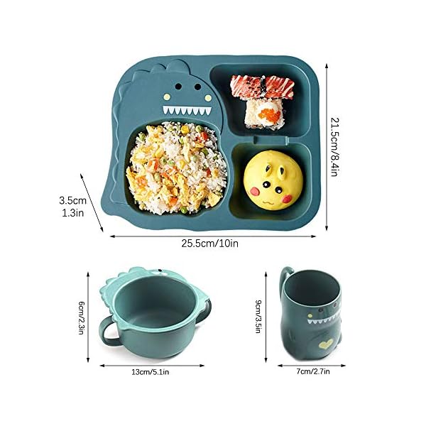 Besylo Tableware Dinner Sets, Dinner Plate, Dinnerware with Kids Plate Bowl Cup Spoon Fork, Cartoon Small Dinosaur, Healthy Wheat StrawTableware, Cartoon Tableware(Green)