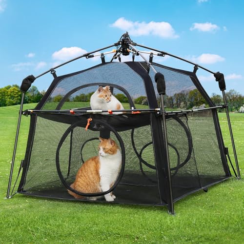 Rywell 2-Tier Catio Outdoor Cat Enclosure, 44x44x37in Pop Up Catio with Windows, Weatherproof Sunshade, Foldable Outdoor Cat Enclosure for Patio, Balcony(Within Carry Bag & Ground Stakes)
