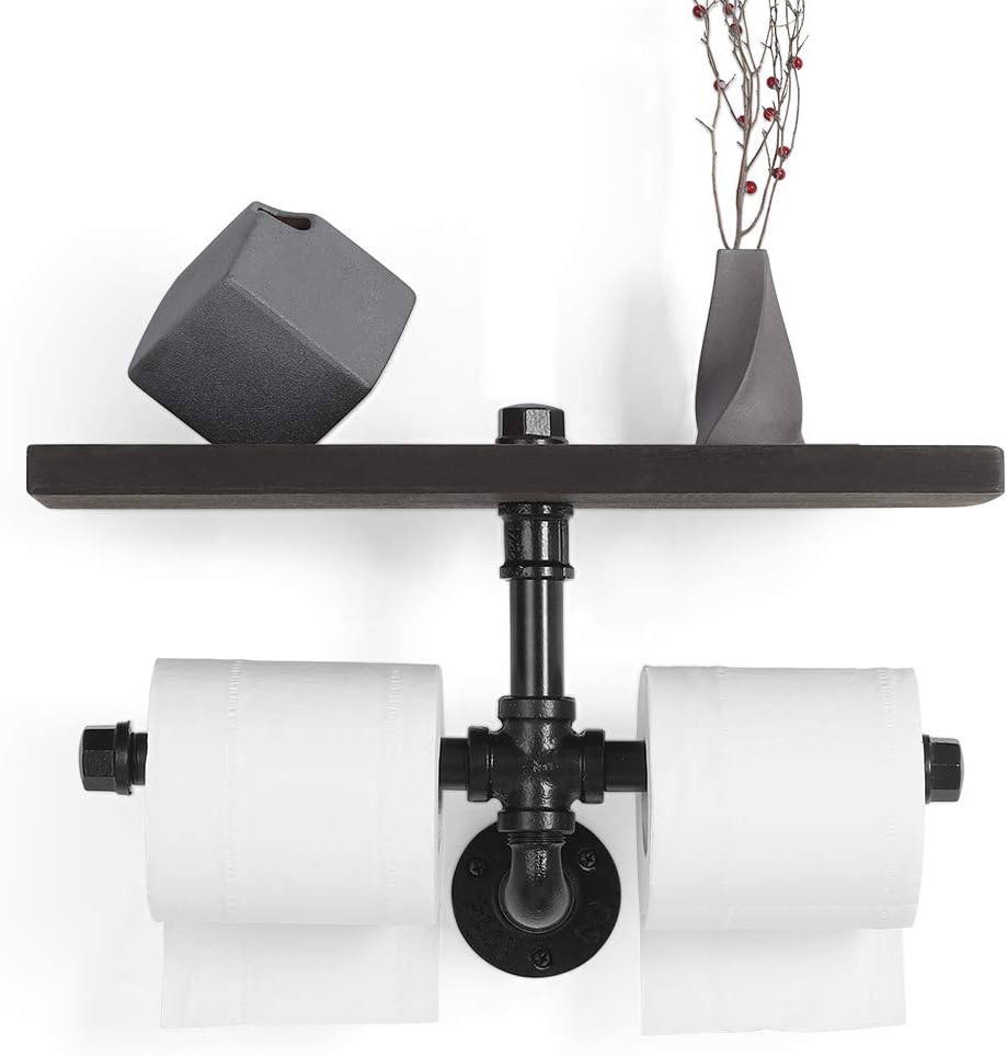 JS NOVA JUNS Industrial Toilet Paper Holders, Double Paper Tower Holder Wall Mount with Wood Shelf Storage for Bathroom, Washroom, Dual Toilet Roll Holder, Black Electroplated Pipe Holders