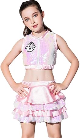 Amazon ダンス衣装 ヒップホップ ガールズ セットアップ スパンコール キッズ ダンス 衣装 韓国風 派手 ヘソ出し スカート セット キッズ ダンス衣装 キラキラ トップス スカート チア チアガール 女の子 ジャッズダンス ピンク 140 キッズコスチューム おもちゃ
