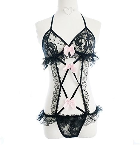 TimesBeauty Cute Bowknot Lace Lingerie Set See Through Strappy One-Piece Panties Lingerie Erotic Gift (Black)