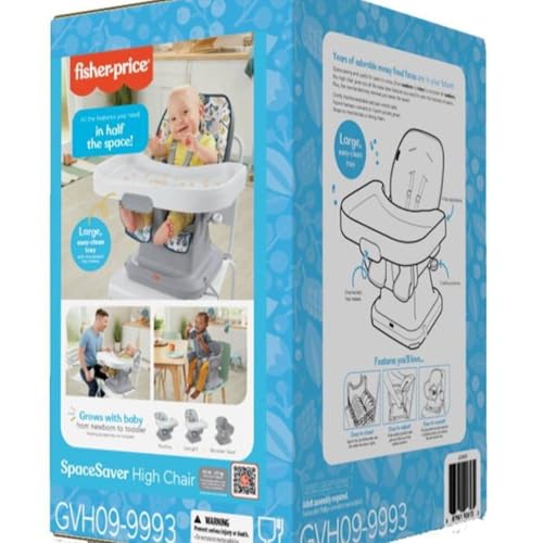 Fisher-Price SpaceSaver High Chair Navy Foliage, portable infant-to-toddler dining chair and booster seat with easy clean up features