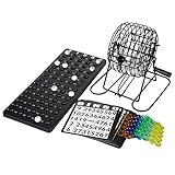 Complete Wire Cage Family Bingo Game Set - Iron Cage Bingo Game with 75 Balls, 150 Bingo Chips and 2 Bingo Boards