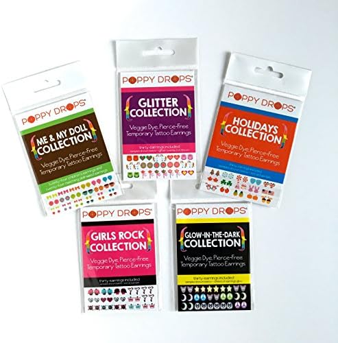 Poppy Drops 5-Pack Temporary Tattoo Earring "Sparkle &amp; Sassy" Collections - Safe, Non-Toxic Ear Piercing Alternative.