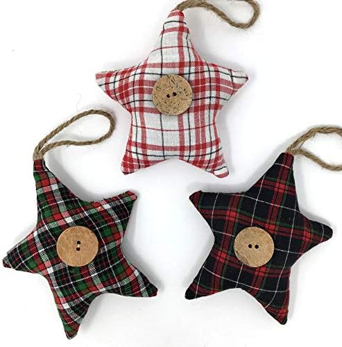 Jcs Christmas Tartan Homespun Fabric Star Farmhouse Ornaments - Set Of 3