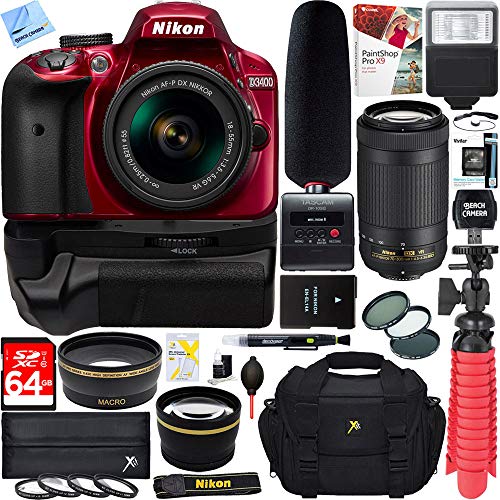 Nikon D3400 DSLR Camera + 18-55mm & 70-300mm Dual Lens Red Tascam Video Creator Bundle