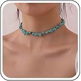 Yheakne Boho Turquoise Bead Choker Necklace Short Irregular Turquoise Necklaces Blue Gemstone Beaded Necklaces Natural Stone Necklace Chain Jewelry for Women