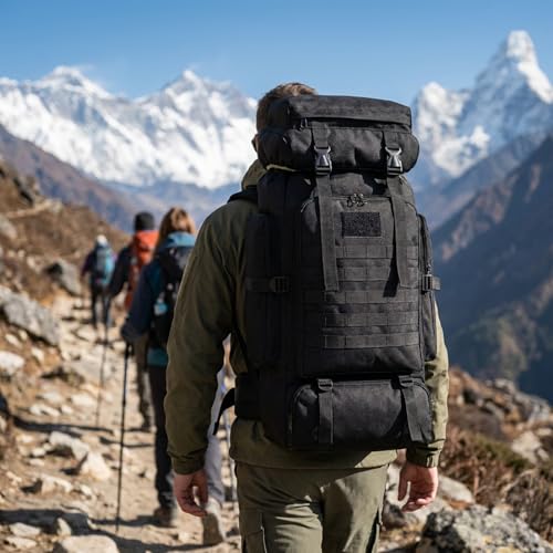 Mochila de Viagem 80L Impermeável para Camping e Trilha, Mochila Esportiva Grande Multifuncional com Compartimentos Amplos, Alças Confortáveis e Suporte para Equipamentos Outdoor, Camuflado