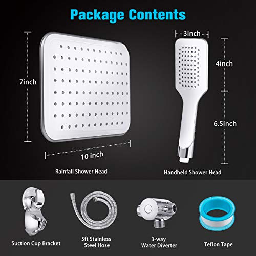 Shower Head Combo, Baban Adjustable High Pressure Rainfall Showerhead & Elegant Handheld Shower Head Combo with Strong Suction Cup Holder, 3-Way Water Diverter, 1.5M Stainless Steel Hose, Teflon Tape