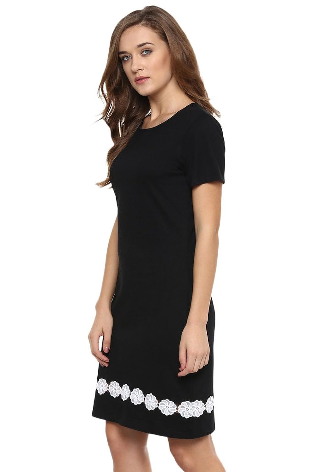 miss chase women's black solid half-sleeve round neck mini shift dresses