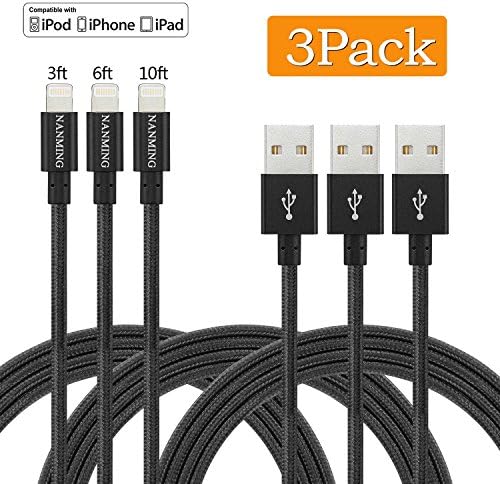 iPhone Charger, NANMING Lightning Cable 3Pack 3FT/6FT/10FT Long iPhone Charging Cable Cord Nylon Braided for iPhone X/ 8/ 8 Plus/ 7/ 7 Plus/ 6/ 6S/ 6 Plus/ 5/ iPad iPod (Black)