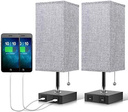 USB Bedside Table Lamp,Seealle Grey Modern Table & Desk Bedside Lamp with 2 USB Fast Charging Port, Solid Wood Unique Lampshade,Convenient Pull Chain for Bedroom Living Room (Set of 2)