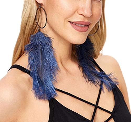 Womens Long Hoop Dangle Drop Feather Earrings