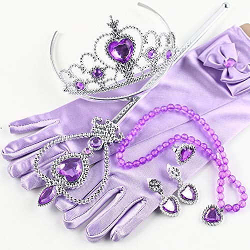 3 otters Princess Dress Up, Princess Costume Accessories Childrens Crown Magic Wand Gloves Necklace Earring Set Party Dress Up Girl Gift Purple 6PCS