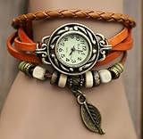 6 Color Quartz Fashion Weave Wrap Around Leather Bracelet Lady Woman Wrist Watch (Orange)