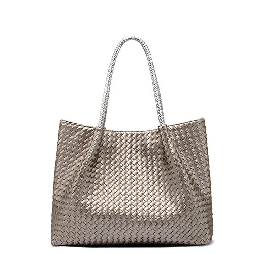 Fashion Women's PU Leather Weave Purse High-capacity Shopping Handbags Shoulder Handbags Totes (Silver)