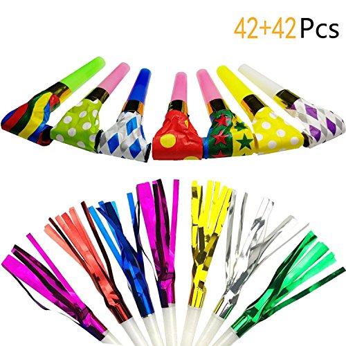 Muhuyi 84 Pcs Two Kinds of Party Blowers Noisemakers Fun Musical Blow Outs Party Favors
