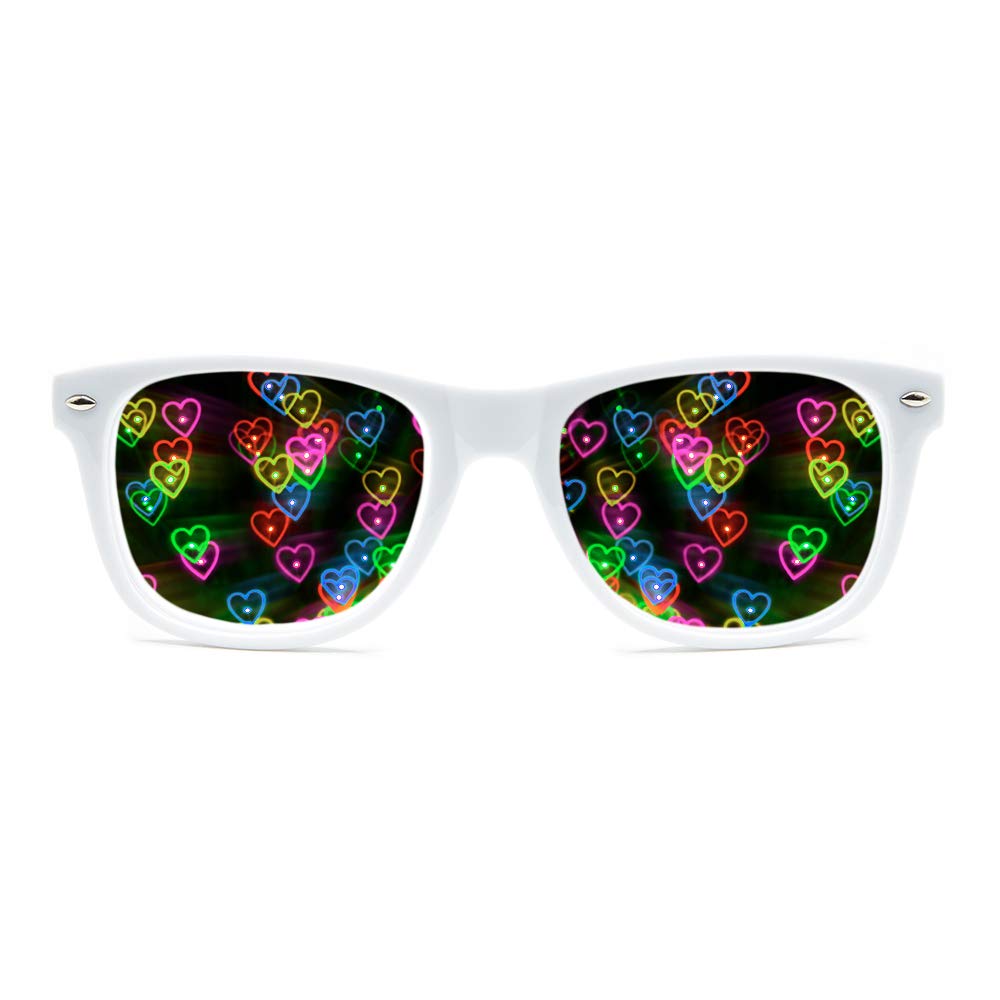GloFX Ultimate Diffraction Glasses - 3D Rainbow Heart Effect with White Frames - Great Edm, Concert, and Rave Accessory