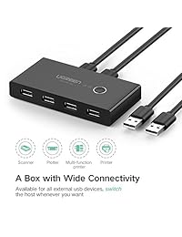 Ugreen interruptor selector para compartir entre 2 computadoras, 4 dispositivos USB periféricos 2.0, centro con interruptores para ratón, teclado, escáner, impresora, intercambio de PC con un solo botón y pack de 2 cables USB A a A