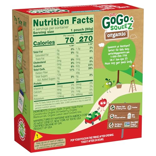 GOGO SQUEEZ ORGANIC APPLESAUCE, APPLE STRAWBERRY, 3.2 OUNCE (4 POUCHES), GLUTEN FREE, VEGAN FRIENDLY, UNSWEETENED APPLESAUCE, RECLOSEABLE, BPA FREE POUCHES