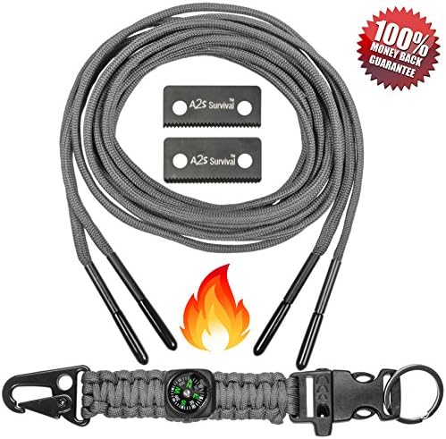 A2S Hiker Survival Kit: Paracord Fire Starter Laces - Compass, Key Chain, Emergency Whistle, Carabiner - Hiking Survival Gear (Gray, 55")