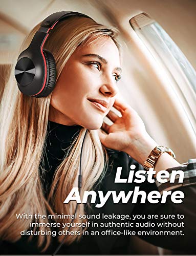 iClever Over Ear Headphones with Microphone - Foldable Lightweight Stereo Headphones, Adjustable Wired Headphones with 3.5mm Jack for Online Class/Meeting/iPad/Smartphone/Computer, Black&Red