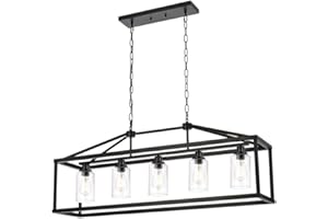 BONLICHT 5 Light Farmhouse Chandelier Ceiling Hanging Dining Room Lighting Fixtures Matte Black Modern Pendant Lighting Industrial Rectangular Kitchen Island Chandelier Fixture with Seeded Glass Shade