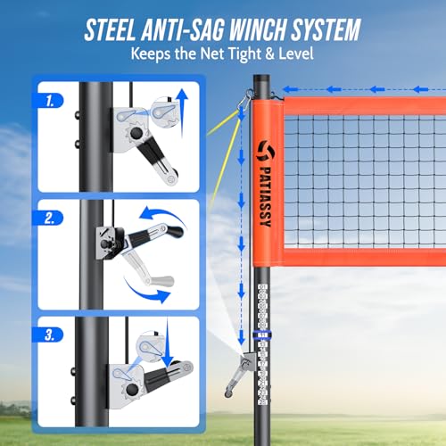 Patiassy Heavy Duty Volleyball Net, Professional Outdoor Set with Height Adjustable Anti-Rust Aluminum Poles, Winch System, Anti-Sag Design, Pump and Portable Carrying Bag for Beach, Backyard