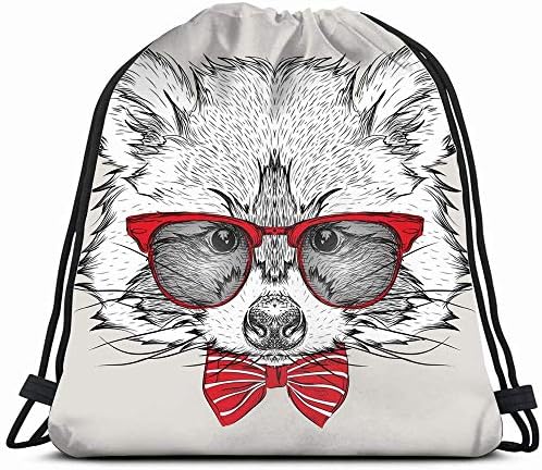 Image Portrait Raccoon Cravat Glasses Hand Animals Wildlife Vintage Drawstring Backpack Gym Sack Lightweight Bag Water Resistant Gym Backpack For Women&Men For Sports,Travelling,Hiking,Camping,Shoppin