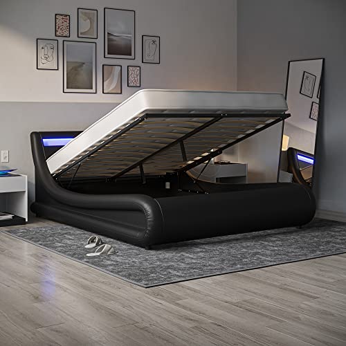 ZTOZZ Carpari LED Bed Frame Queen Size Gas Lift up Storage Platform