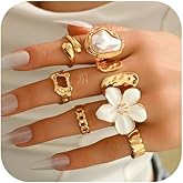 QiaTsed Chunky Gold Rings for Women Stackable Statement Rings Non Tarnish Dainty Baroque Pearl Rings Ideal Jewelry Gift for Women