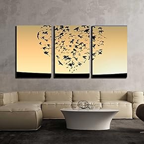 3 Piece Canvas Wall Art - Illustration of Flight of Birds in The Sky in The Form of Heart - Modern Home Art Stretched and Framed Ready to Hang - 16"x24"x3 Panels