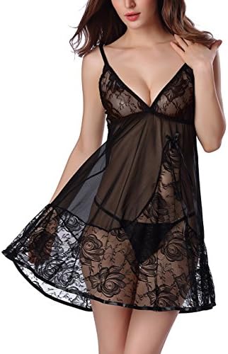 OnlyFuns Women Sexy Lace Lingerie Miniskirt Babydoll Teddy Patchwork Nightwear Set Black XXL
