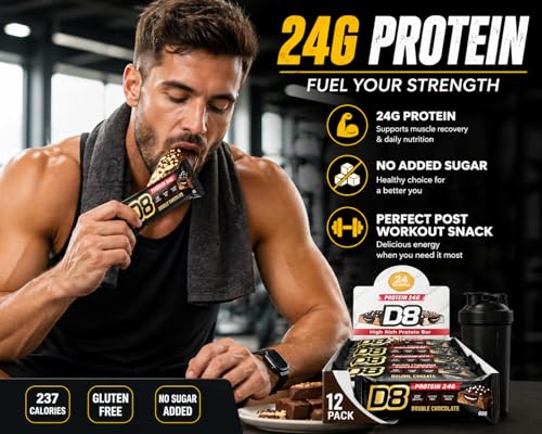 D8 Protein Bar Double Chocolate 24g Protein | No Added Sugar | High Protein Snack | Low Calorie, Gluten Free | Gym & Post Workout Energy Bar | 60g Each | Pack of 12