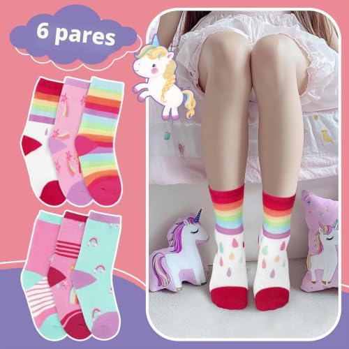 6 pares de meias para meninas Bebé riscas arco-íris Estrelas Clouds Meias Crew Soft Comfortable Presentes 9-14 anos Tamanho 32-38