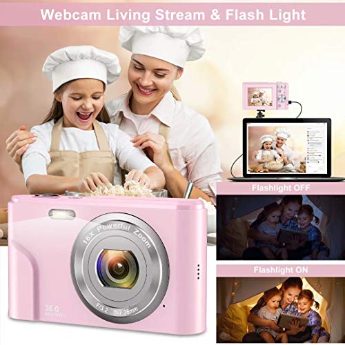 Digitalkamera 1080P HD Kompaktkamera 36 Megapixel Mini-Videokamera 2,4" LCD Digitalkamera wiederaufladbare Fotokamera mit 16X Digitalzoom für Studenten/Erwachsene/Kinder/Anfänger (Rosa) – Bild 5