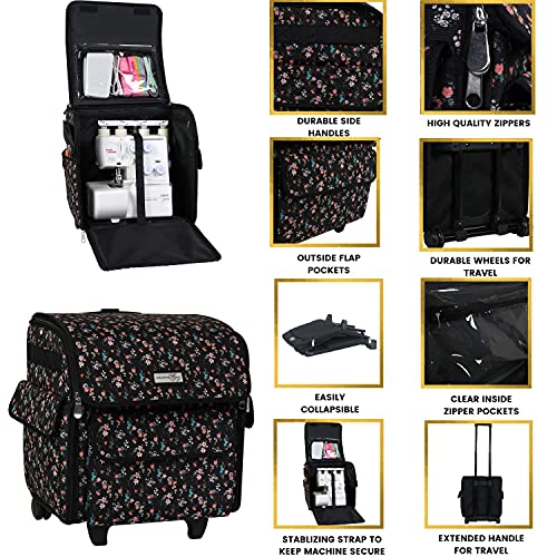 Everything Mary Serger Machine Rolling Storage Case, Black Floral