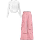 Azmxynol Tween Girls Clothes 2 Piece Long Sleeve Top + Cargo Pants, Teen Girls Fall Clothing Set, Sizes 7-15 Years