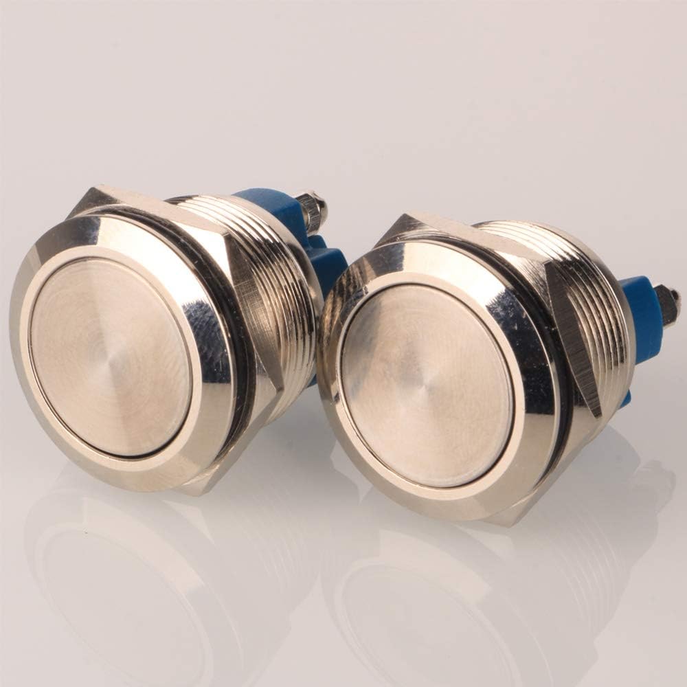 Gebildet 2pcs 22mm 12V/24V/125V/250V/5A Latching Push Button Switch Screw Type Terminals Stainless Steel Waterproof Metal Switch(Flat Head)