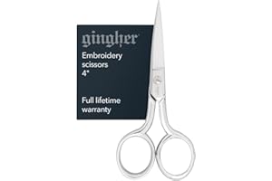 FISKARS Gingher Embroidery Scissors, Precision Craft Scissors, Hand-Tuned Blades & Double Loop Handle, 4”, Silver/Nickel