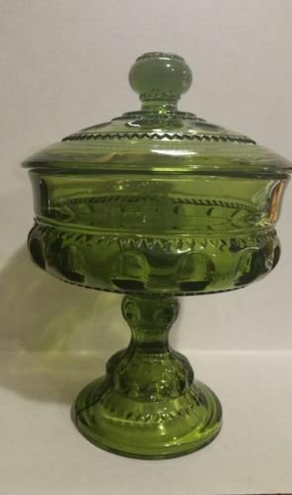 Vintage Indiana Glass Kings Crown Thumbprint Green Glass Pedestal Covered Compote Bowl