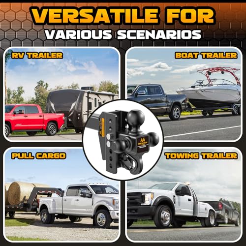 Mmtowus Adjustable Trailer Hitch - Drop Hitch Fit 2" Receiver -6" Drop/Rise | Tri Ball Mount with Hook (1-7/8'', 2'' & 2-5/16''), 12,500 LBS GTW Tow Hitch, 3 Ball Hitches for Trucks, RVs, Camper, SUV etc