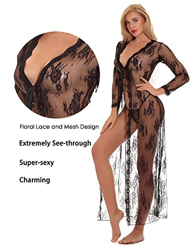 cunlin Women Sexy See Through Lace Gown Kimono Cover Up Sleepwear Set Plus Size Dress Maternity Pregnant Robe Black S
